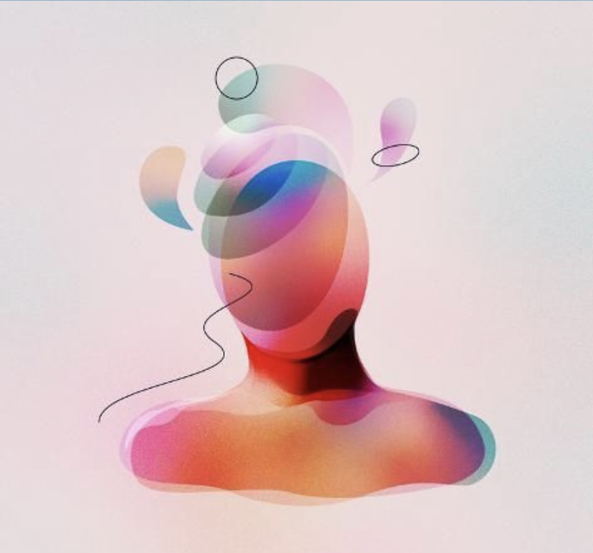 Abstract illustration of a human head and shoulders, rendered with overlapping, translucent, colorful shapes in pinks, blues, and greens, creating a dreamlike or psychological feel. Simple black line art, including circles and a squiggle, floats around the head. The background is a light, grainy pink.
